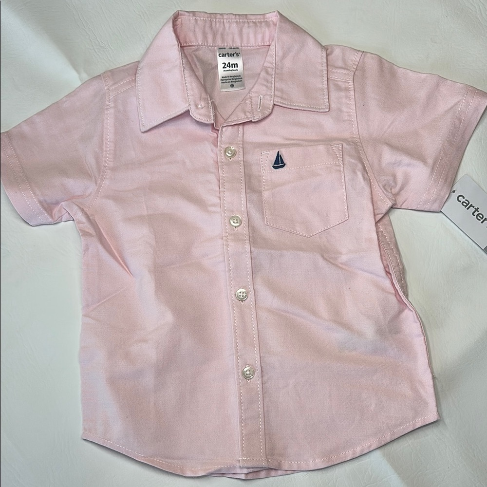 NWT Carter's Pink Short Sleeve button up shirt boat emblem 100% cotton 24 months